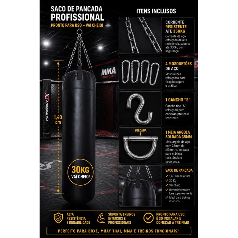 Saco de Pancada Profissional Lona Dublada 30kg CHEIO Com Correntes Boxe Muay Thai Funcional
