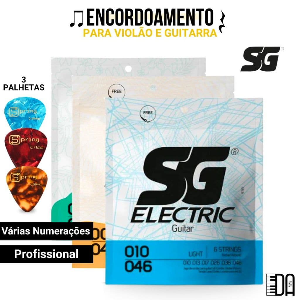 Kit Encordoamento SG Para Violão Guitarra Ukulele Várias Numerações com 3 Palhetas Spring