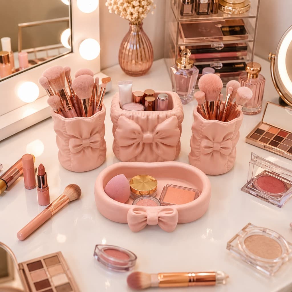 Kit Organizador Maquiagem Rosa Laço Porta Pincéis Bandeja Luxo Decorativa Penteadeira Banheiro