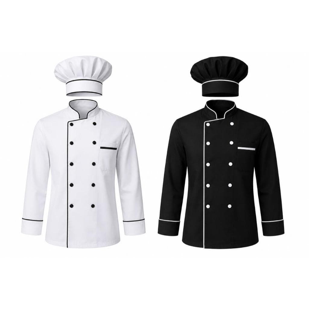 Dólmãs chef cozinha Kit com 02 dólmãs e 02 toucas  em Oxford na cor branco e preto , nome bordado