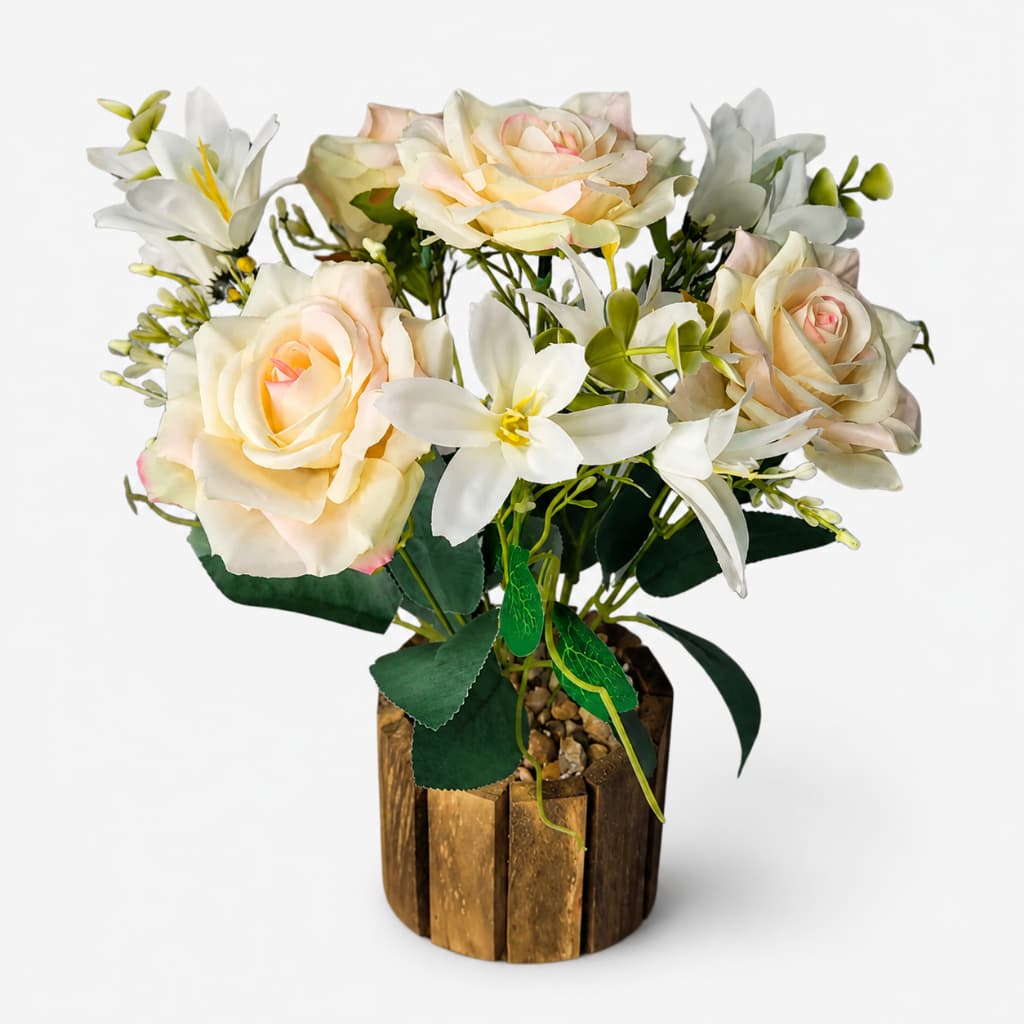 Arranjo Rosas Creme E Lírios Brancos Artificiais X7 Vaso Rústico Decorativo Para Mesa Sala E Quarto