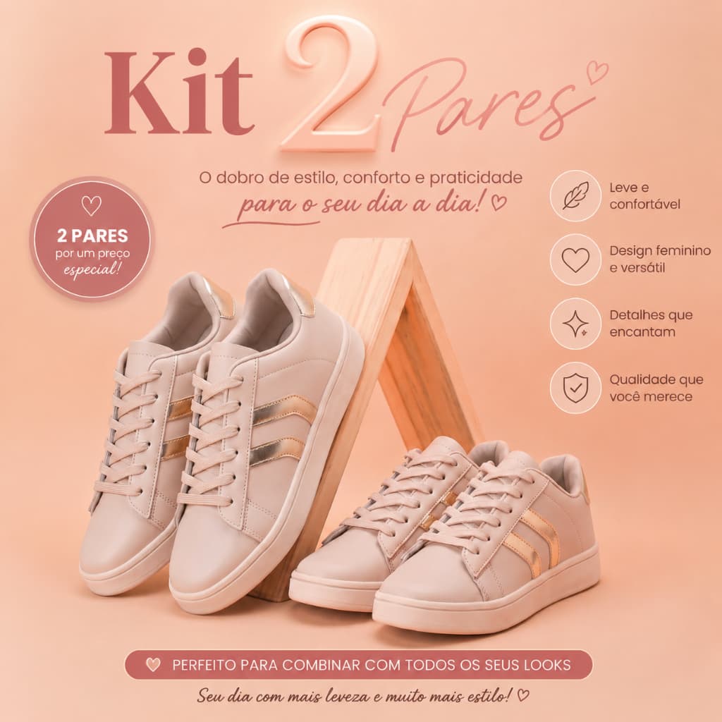 Kit 2 Tênis Feminino Casual Delicado Super Confortável Sola Emborrachada Top