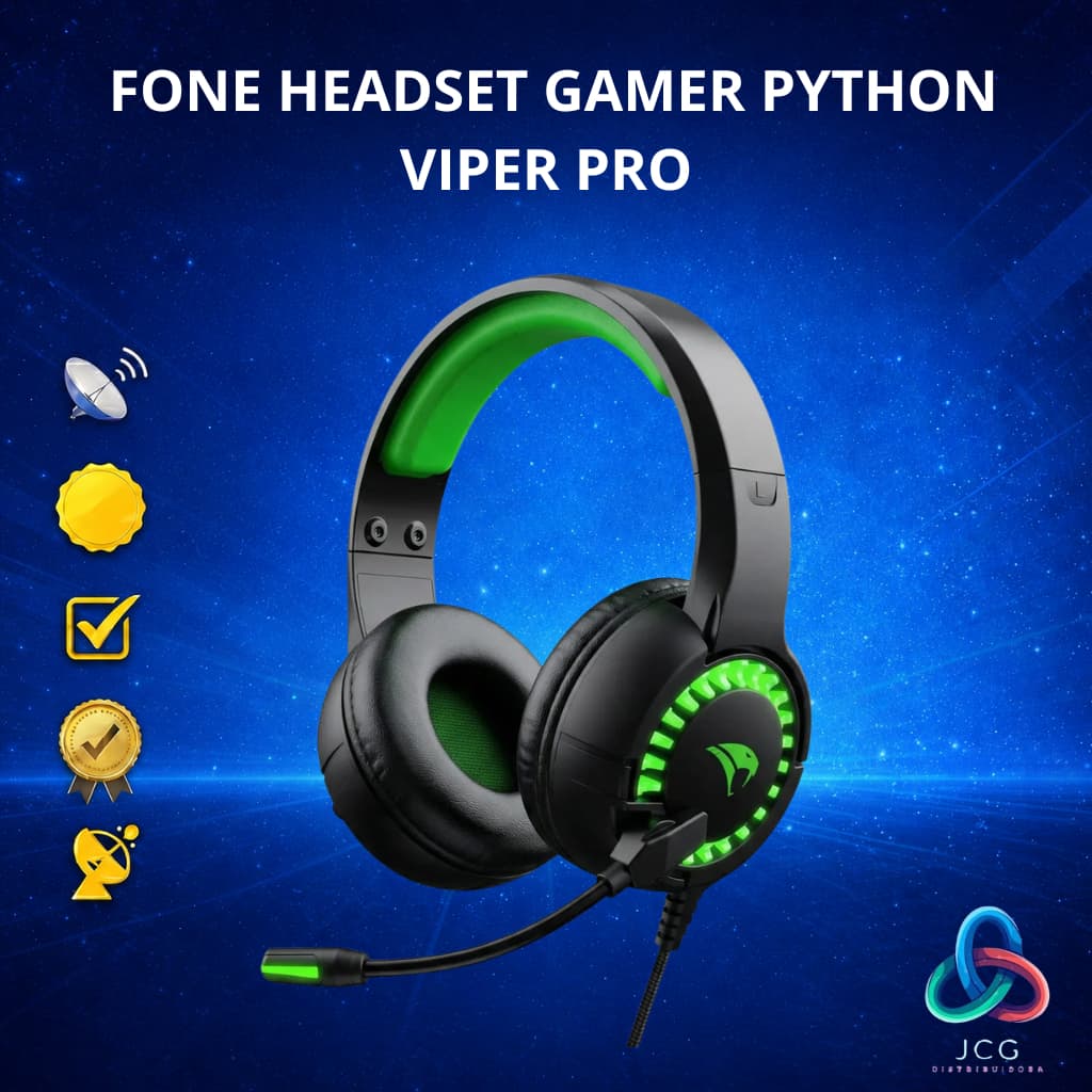 Headset Gamer Python Viper Pro Preto LED Verde Microfone para Jogos