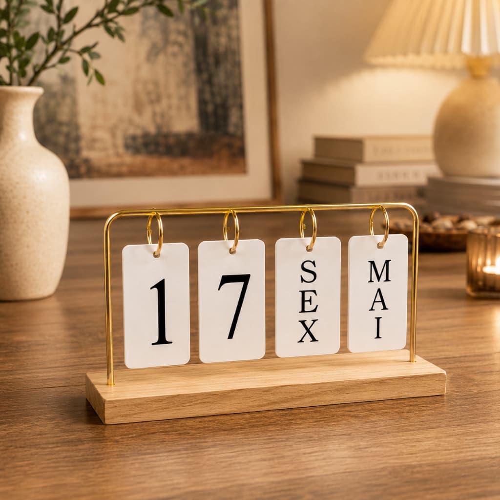 Calendário de Mesa Decorativo com Plaquinhas  Permanente Preto Dourado para Escritório Casa