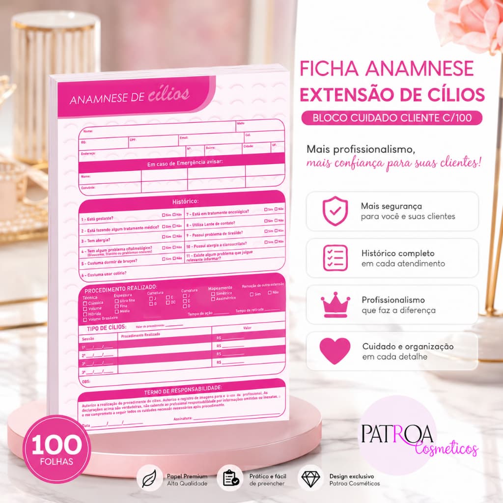 Ficha Anamnese Extensão Cílios - Bloco Cuidado Cliente C/100