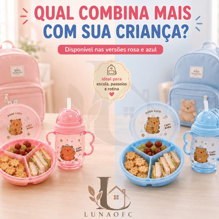 Kit Marmita Compartimentada | Infantil | Garrafinha Com Canudo | Colher | Lanche Escolar | Azul Rosa