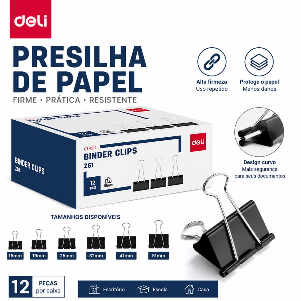 Kit Presilha Borboleta de Papel Deli Metálica com Ponta Curva e Alta Fixação com Tamanhos Variados