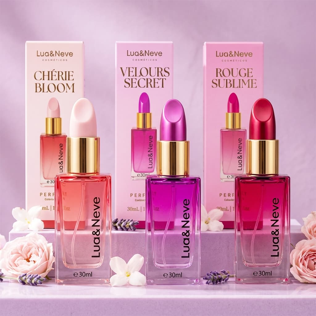 Lua&Neve Perfume Líquido 30ml｜Design Batom｜Fragrâncias Frutais, Florais e Amadeiradas