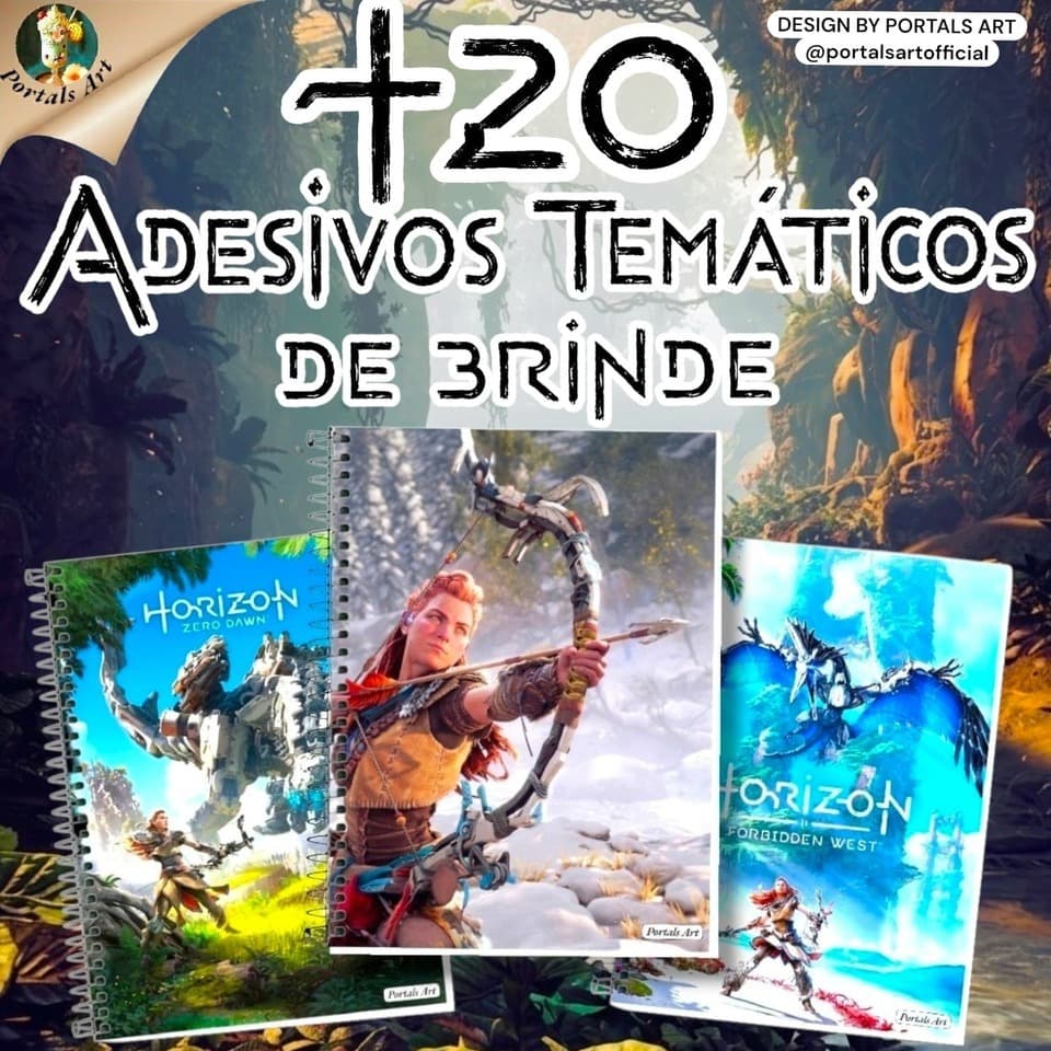 Caderno personalizado Aloy+20 adesivos temáticos brinde Horizon Zero Dawn Horizon Forbidden West