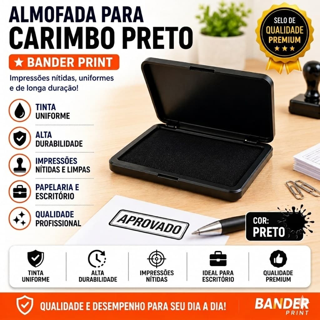 Almofada para Carimbo Nº 4 Preto Bander Print – Tinta Uniforme e Alta Durabilidade. Papelaria Escritório