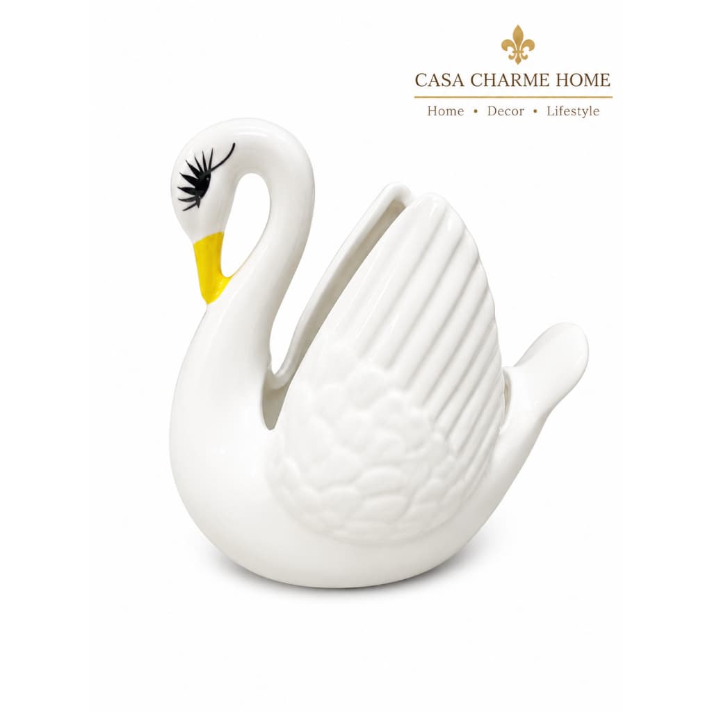 Porta Guardanapo Mesa em Cerâmica Esmaltado Pintado a Mao Cachepot Branco Elegante