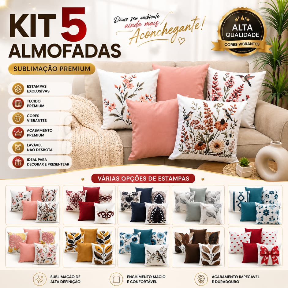 Kit 5 Almofadas Decorativas Sublimação Premium Sala Sofá Quarto Estampas Variadas