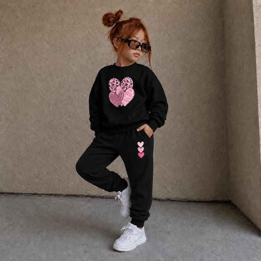 Conjunto De Frio Menina Moletom Flanelado Onça E Coração Quentinho Premium Sem Capuz Rosa