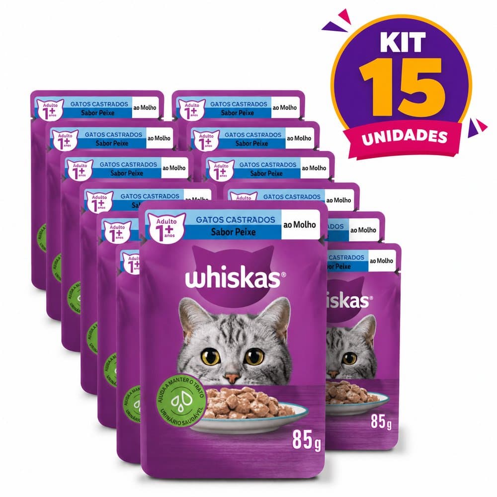 Kit 15 Sachê Whiskas Gatos Castrados Peixe ao Molho 85g