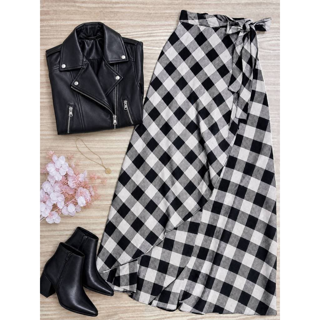 Saia Xadrez Festa Junina Quadriculada Moda Country Envelope Envelopada Feminino Longa Estampada
