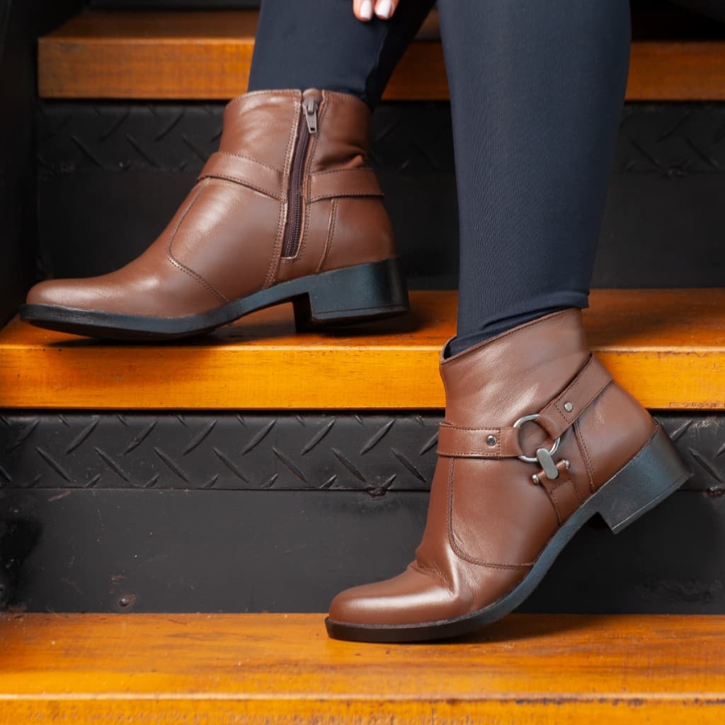 Bota Cano Curto Feminina Couro Legítimo Salto baixo Bloco Grosso  Casual Confortável