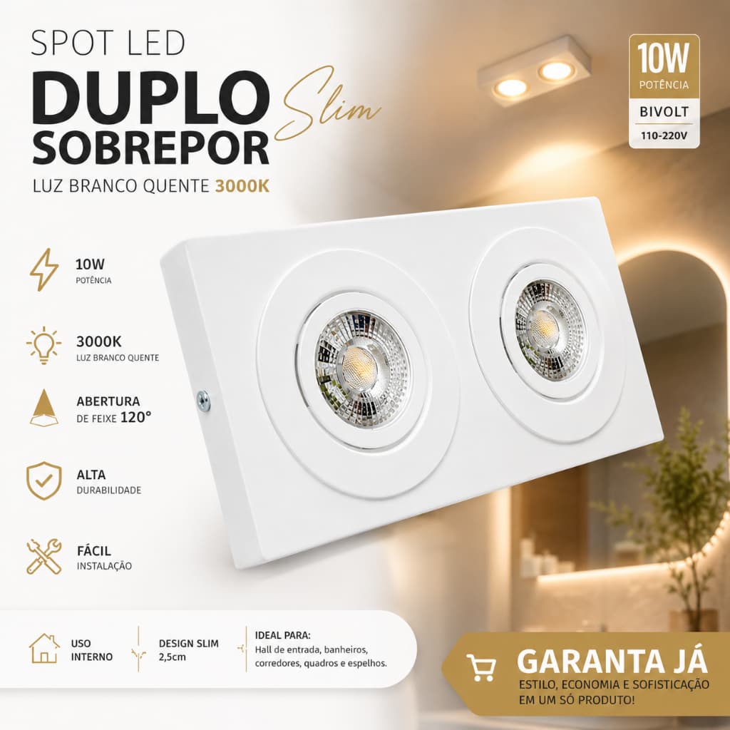 Spot Led Duplo Sobrepor Slim 10W Branco Bivolt Luz Direcionável Para Hall Corredor Banheiro