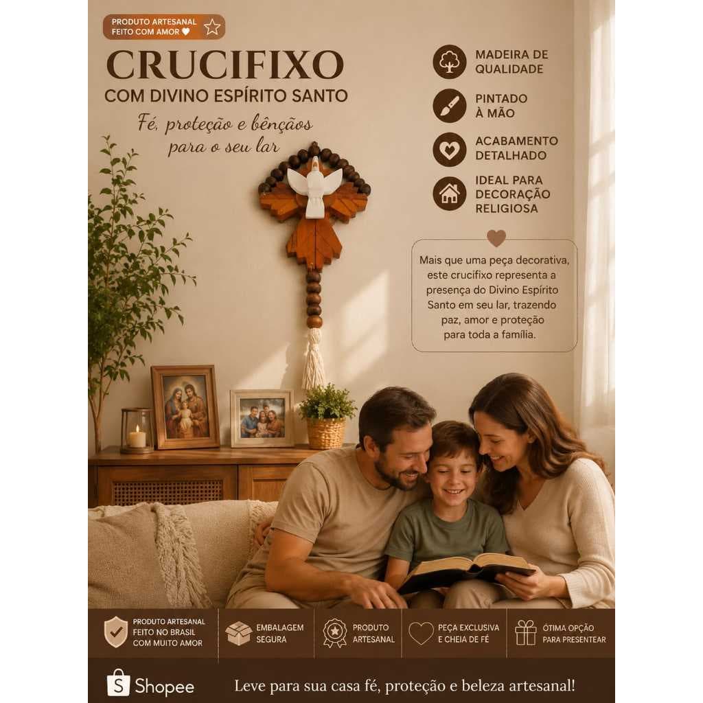 Crucifixo em Madeira com Divino Espírito Santo Pintado à Mão Decoração Católica Artesanal