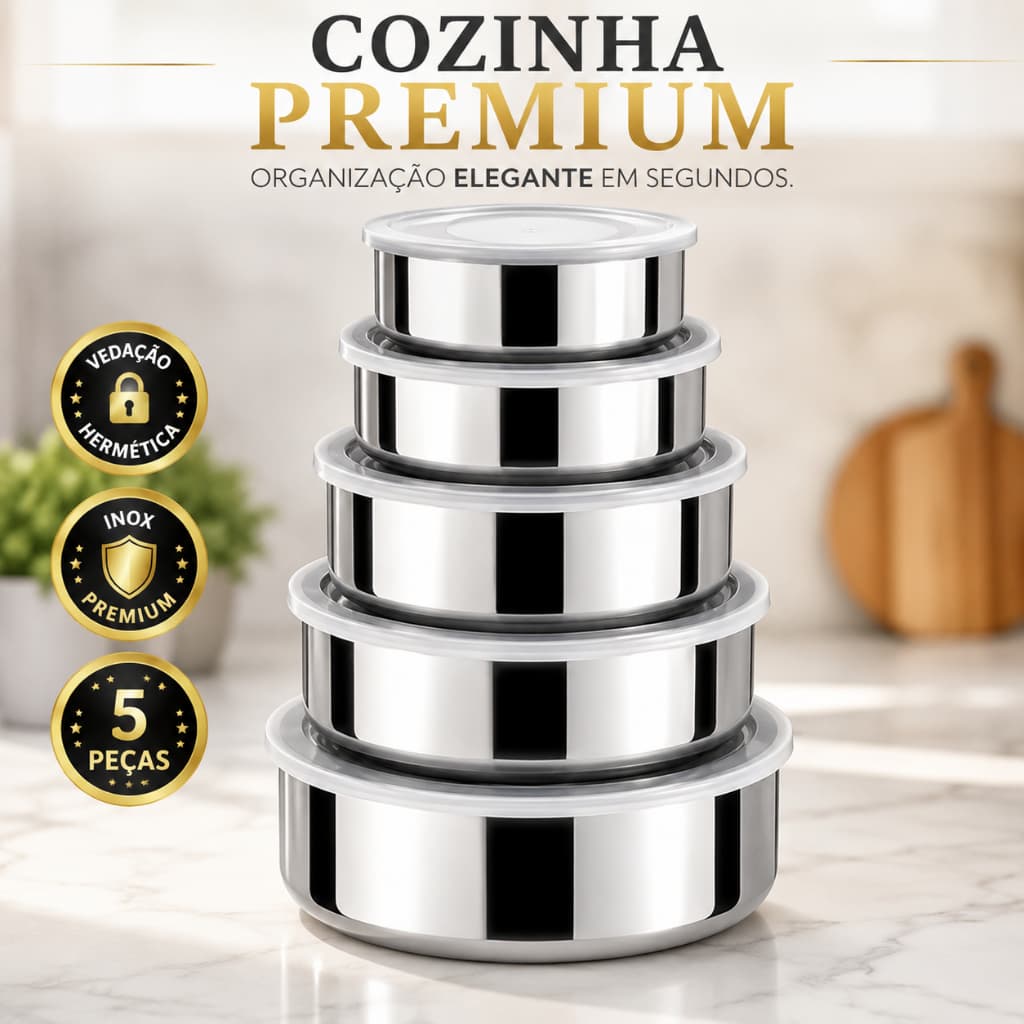 Kit 5 Potes Herméticos Inox Tampa Vedação Organizador Cozinha Conserva Alimentos