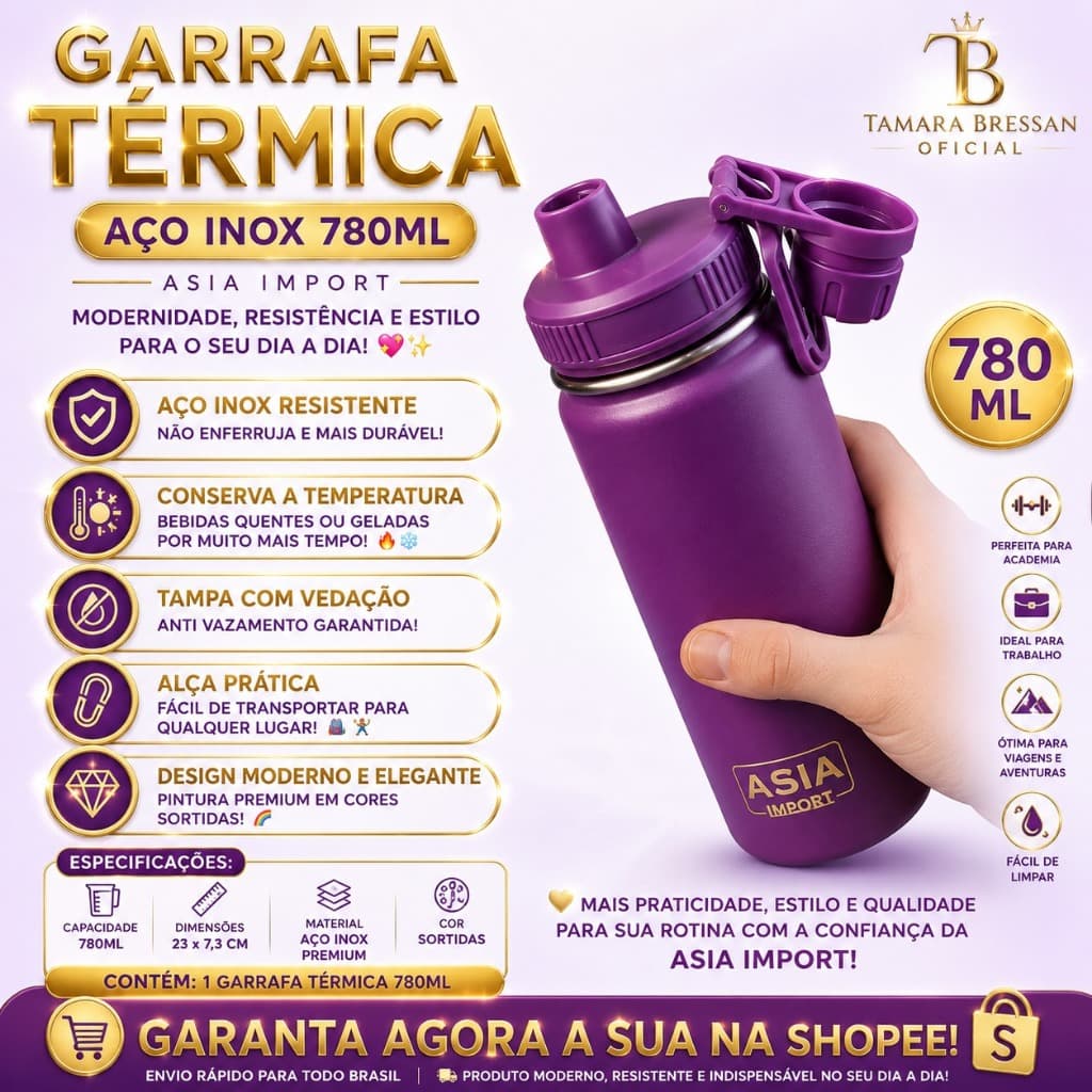 🌡️✨ Garrafa em Aço Inox com Alça e Bico 780ml 🎨💧 | Cores Sortidas – Escolha a Sua 💖🔥