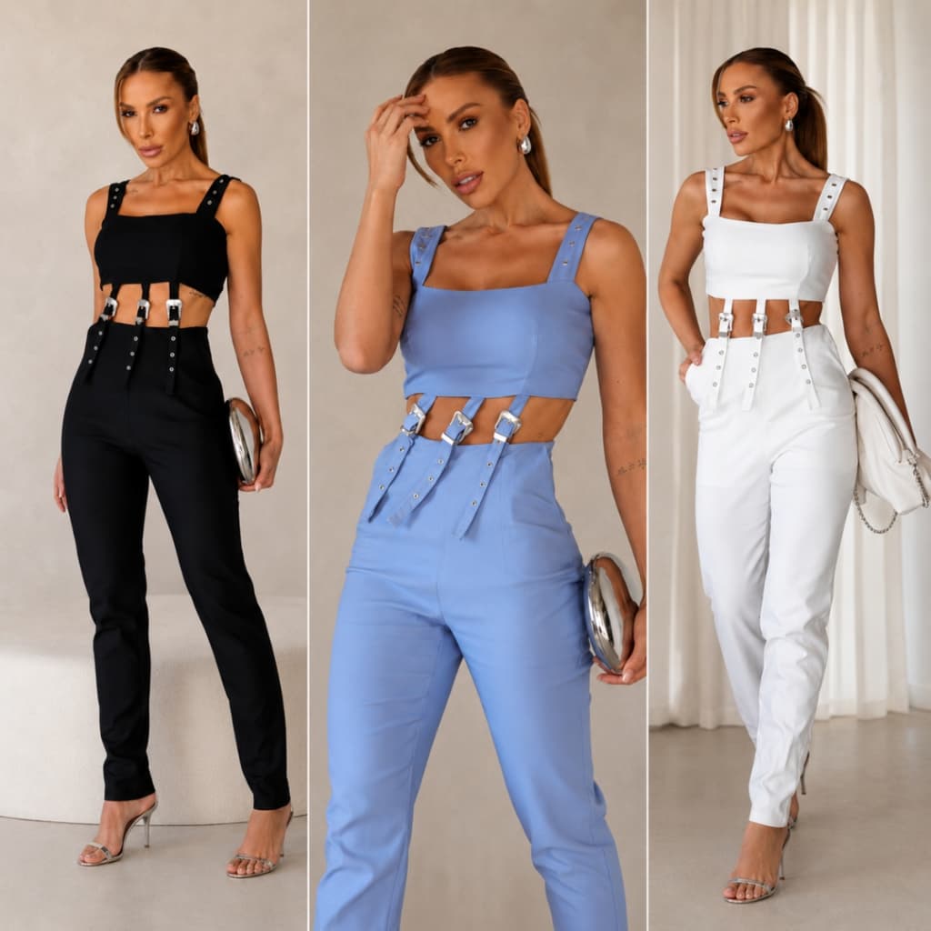 Conjunto feminino em alfaiataria premium de poliamida, com excelente caimento e conforto.