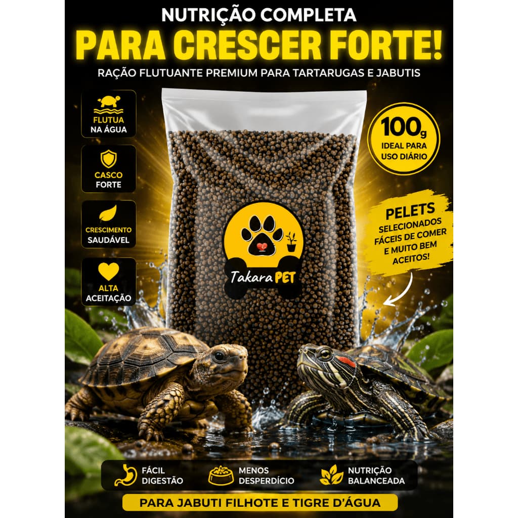Ração Para Tartaruga Tigre D'Água e Jabuti Filhote 100g Flutuante Alta Aceitação Crescimento Saudável