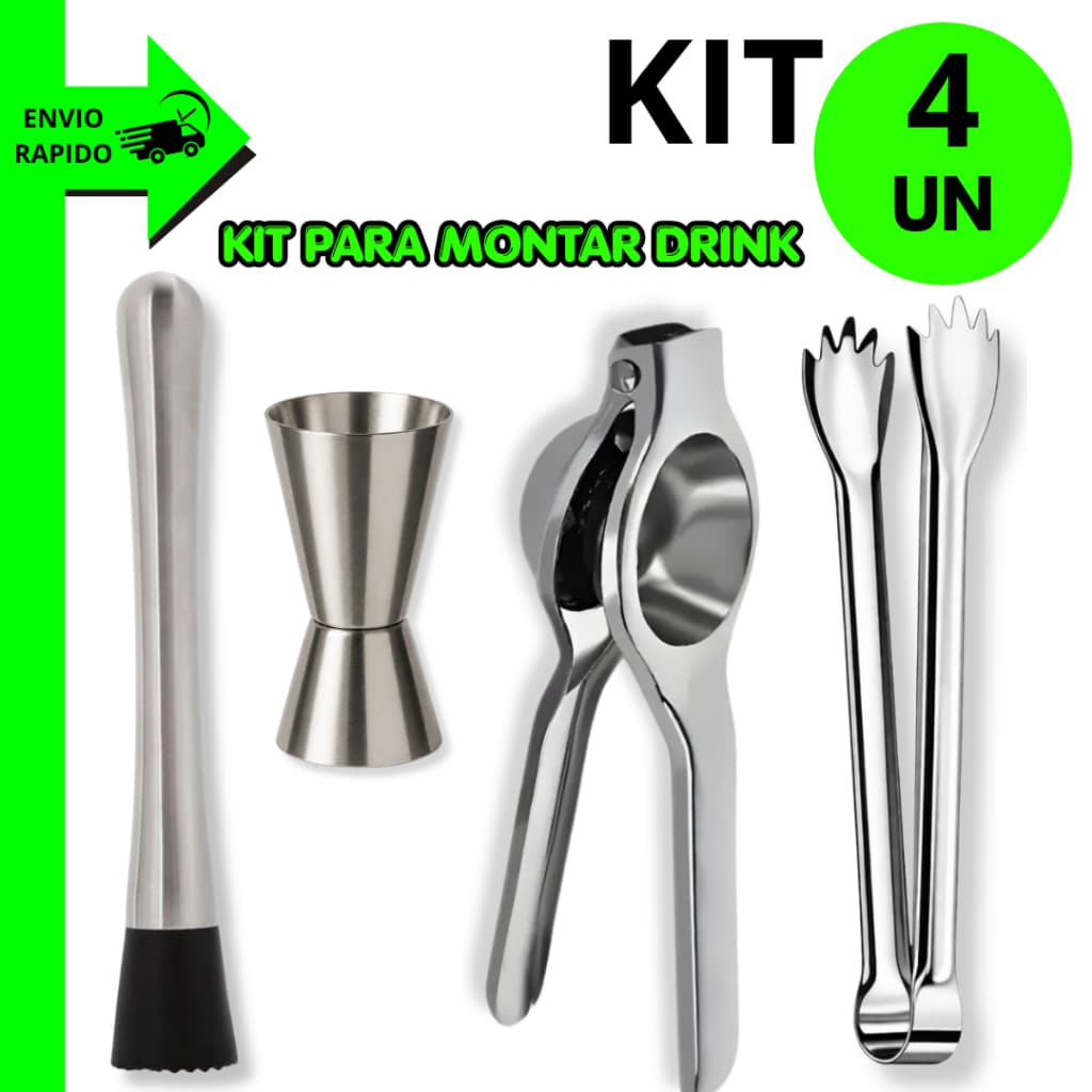 Kit Coquetelaria Inox para Drinks Barman Socador Dosador Duplo Pegador de Gelo e Espremedor