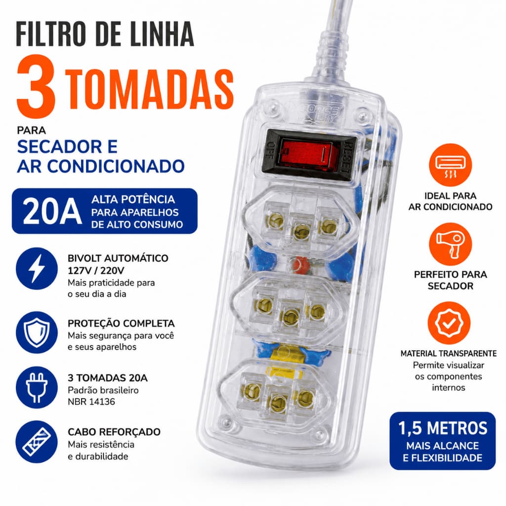 Filtro de Linha 3 Tomadas para secador ar condicionado Transparente 1,5 Metros 20A Bivolt