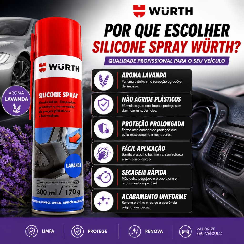 Silicone Spray Wurth Lavanda 300ml Limpa Protege Renova Painel Plásticos e Borrachas