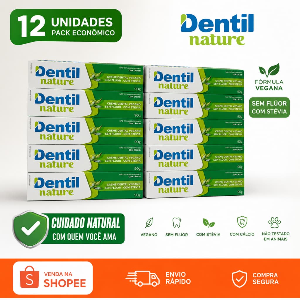 12 unidades Creme Dental Dentil Nature Vegano Sem Flúor Com Xilitol Stévia Menta Natural 90g Original