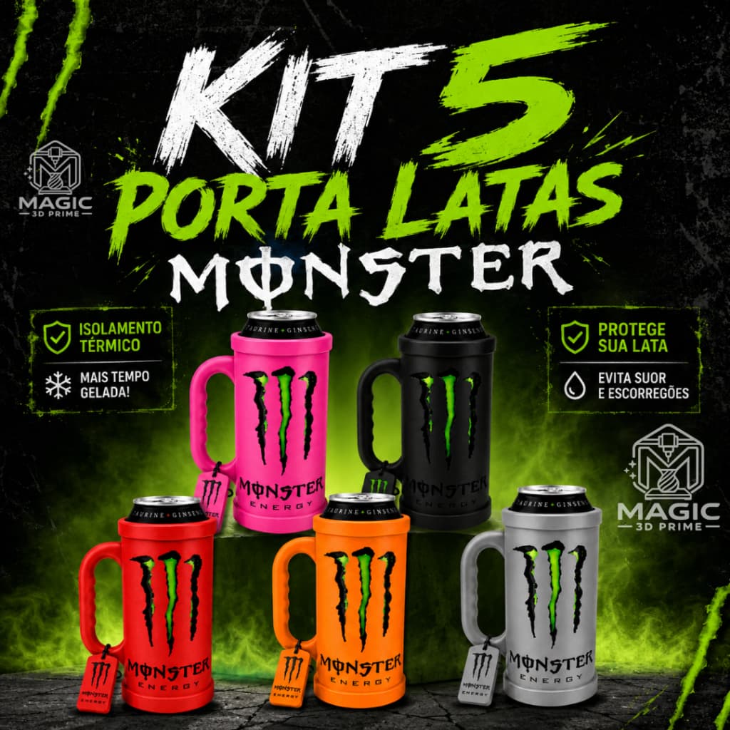 Kit 5 Porta Latas Monster Energy -Chaveiro+Copo+Tampa Brinde