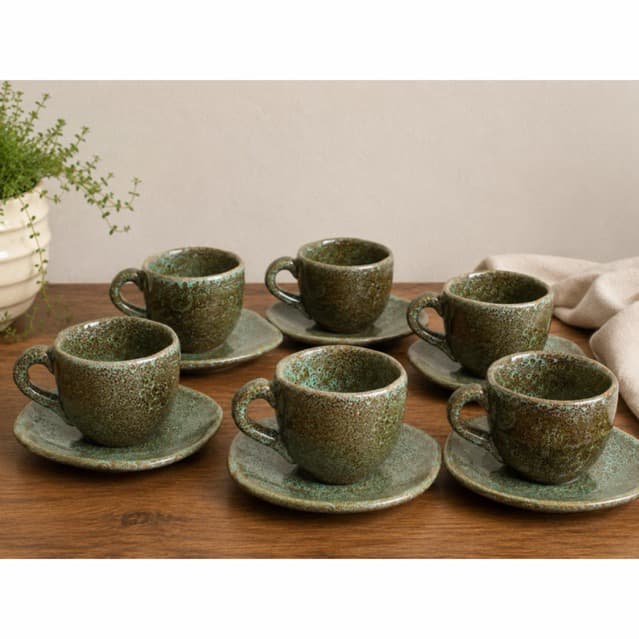 Kit 6 Xícaras de Café em Cerâmica Artesanal Verde Jade 140ml com Pires | Jogo de Xícara