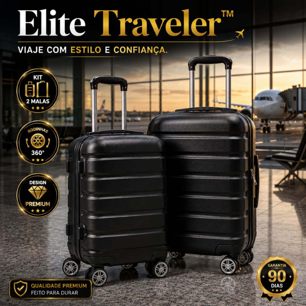 Kit 2 Malas de Viagem Com Rodinhas 18 e 20 Polegadas Rígida Leve Preta - Elite Traveler™