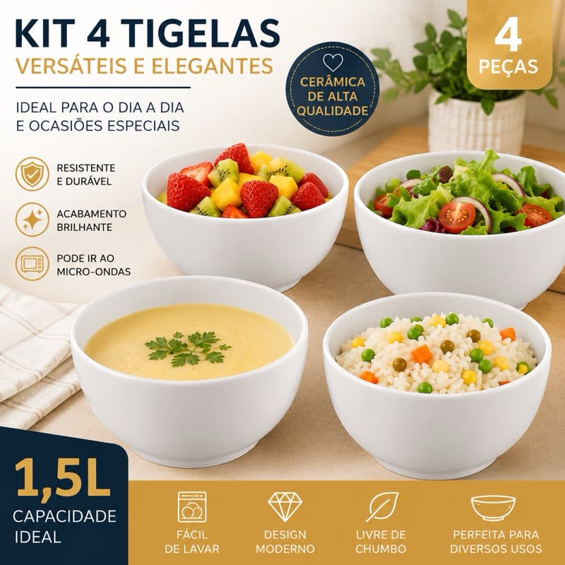 Kit 4 Tigelas Grandes 1,5L Cerâmica Branca Premium Bowl Multiuso Salada Sopa Frutas 20cm