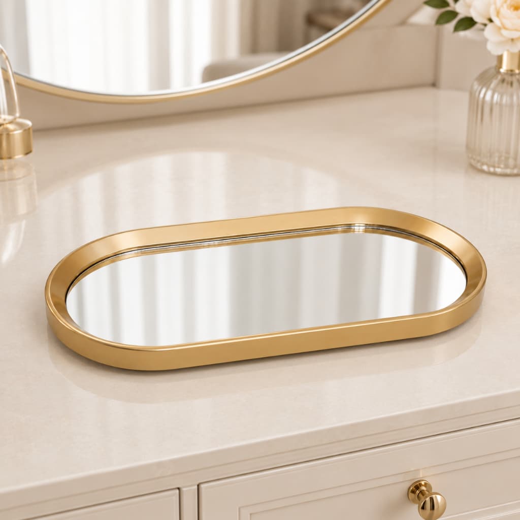 Bandeja Decorativa Oval Retangular Espelhada Dourada Preta Organizador de Perfumes Maquiagens Joia Acessórios Decorativo