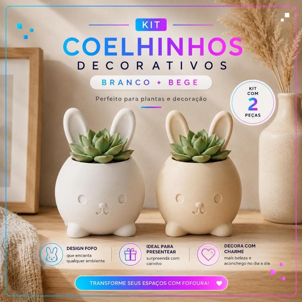 Kit Coelhinhos Decorativos para Suculentas 3D