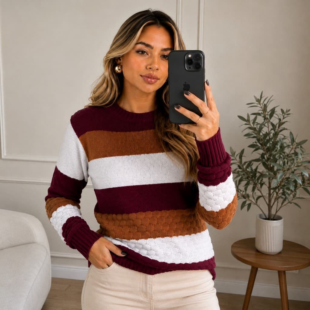Blusa Feminina de Frio Listrada de Tricot Lã Premium Manga Longa Gola Redonda Blusão Listrado Tricolor Inverno