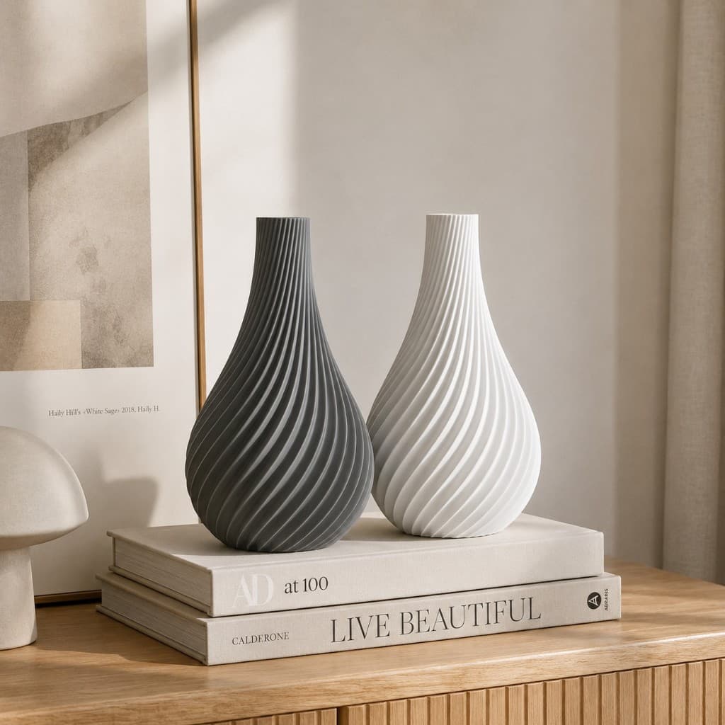 Kit 2 Vasos Decorativos Espiral Modernos Elegantes  Para Sala Escritórios Nichos Branco e Cinza 18cm