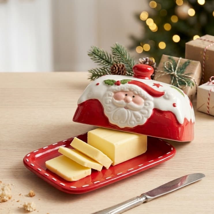 Porta Manteiga De Porcelana Papai Noel Natalino Mantegueira Decorativa Natal Com Tampa Premium