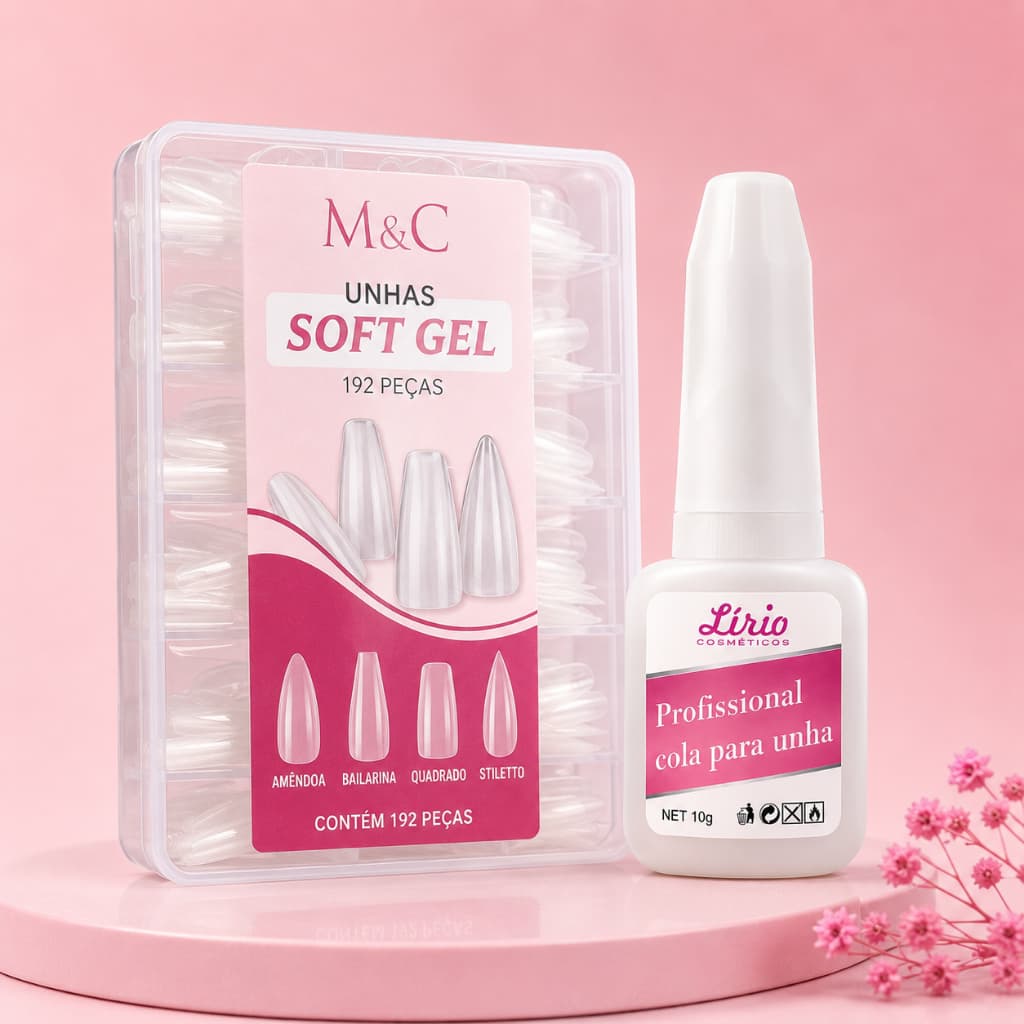 Kit Soft Gel 192 Tips + Cola Profissional Lirio Com Pincel Para Alongamento