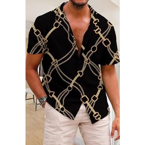 Camisa Masculina Manga Curta Preta Estampa Correntes Douradas