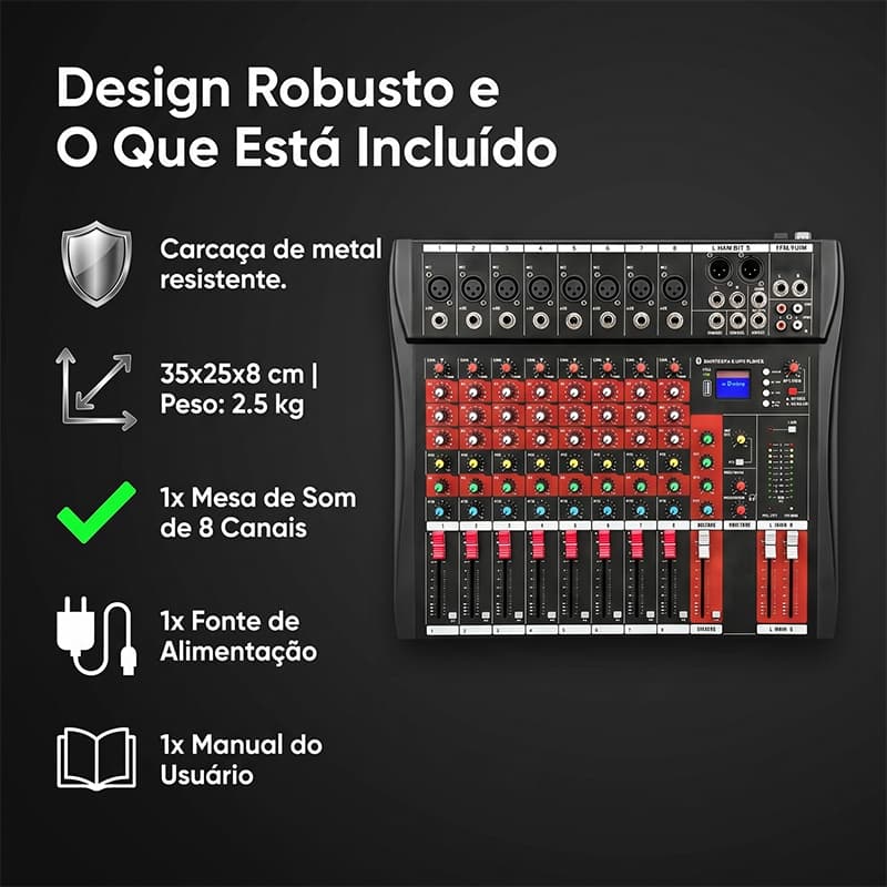 Mesa De Som Bluetooth Usb Mixer Mp3 Digital 8 Canais