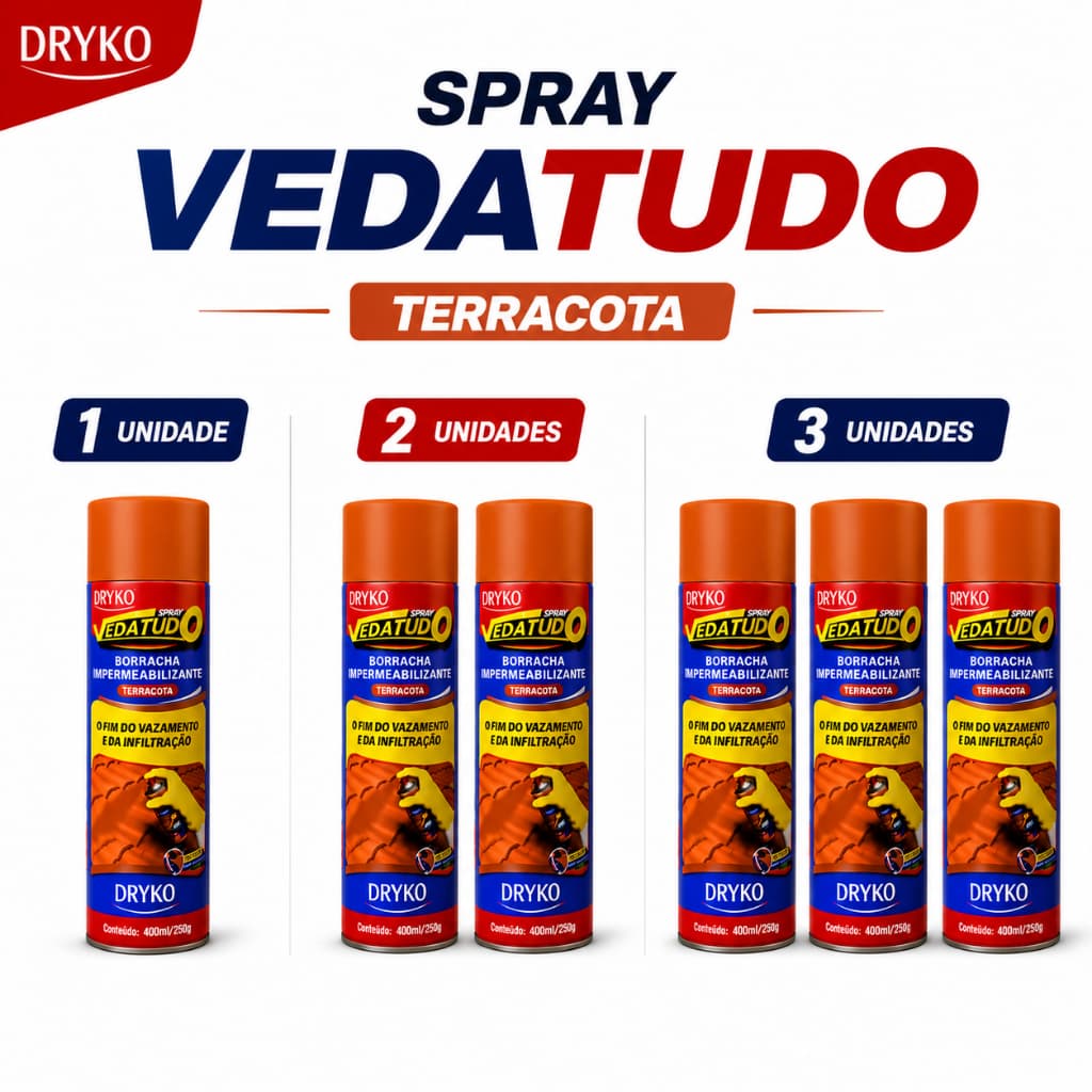 Spray Veda Tudo 400ML TERRACOTA Borracha Líquida Impermeabilizante reparos fissuras  DRYKO