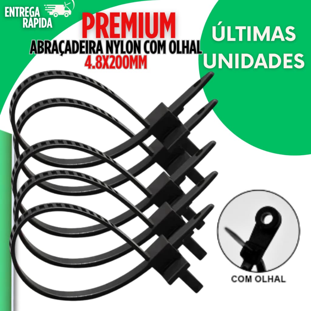 Abraçadeiras Nylon 4,8x200mm Com Olhal Preta Enforca Gato Presilhas Cinta Plástica Premium