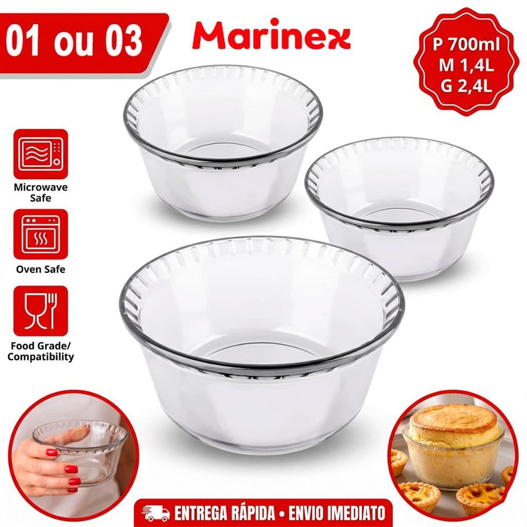 Kit Jogo 1 ou 3 Formas de Vidro Marinex Travessa Suflê Redonda tamanho PMG - transparente Resistente