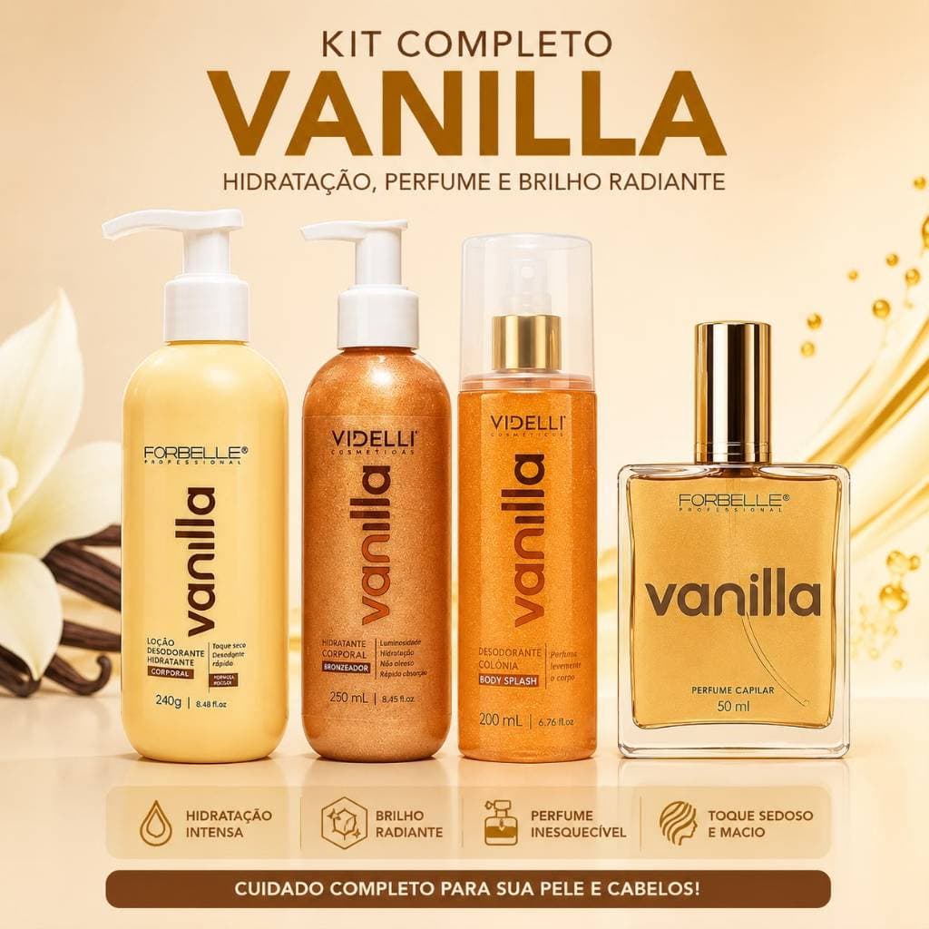 Kit Vanilla Forbelle Professional Body Splash Loção Hidratante Perfume Capilar Sabonete Líquido