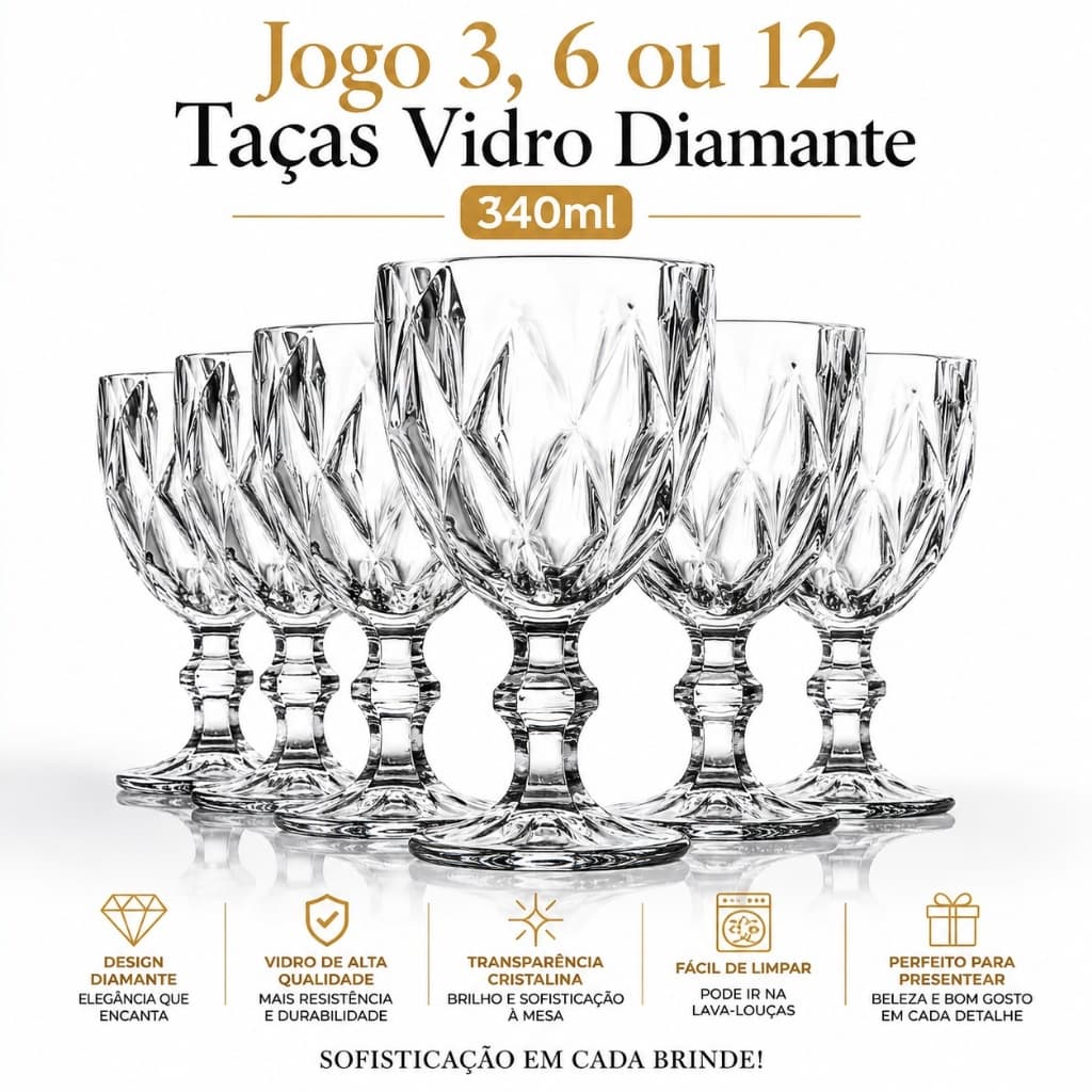 Taças Diamond 340ml Jogo 6 ou 12 Unidades Vidro Transparente Água Vinho Suco