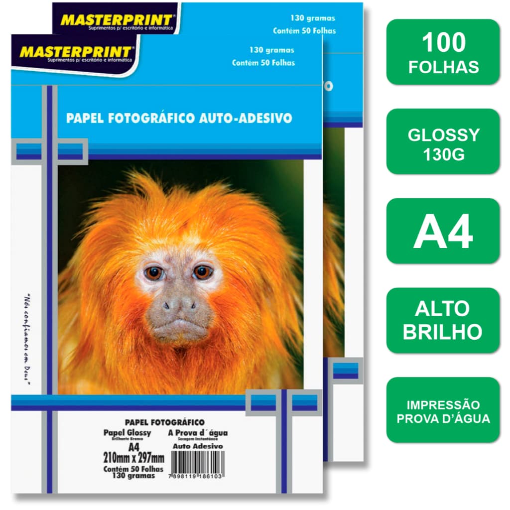 Papel Fotográfico Adesivo 130G Glossy 100 Folhas A4 MASTERPRINT (PAPEL ADESIVO)
