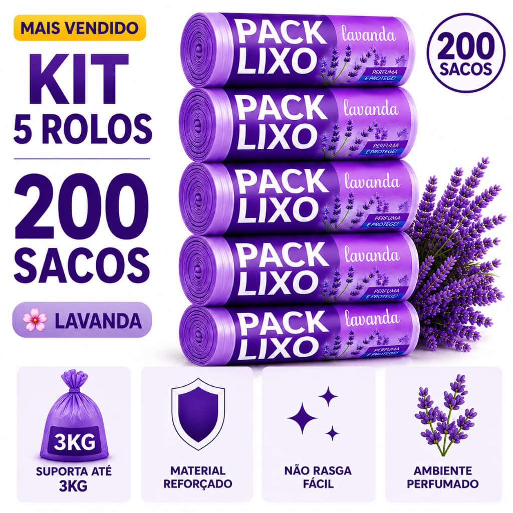 Kit 5 Rolos Sacos Lixo 10L Lavanda 200 Sacos Perfumados Resistentes Cozinha Banheiro Anti Odor