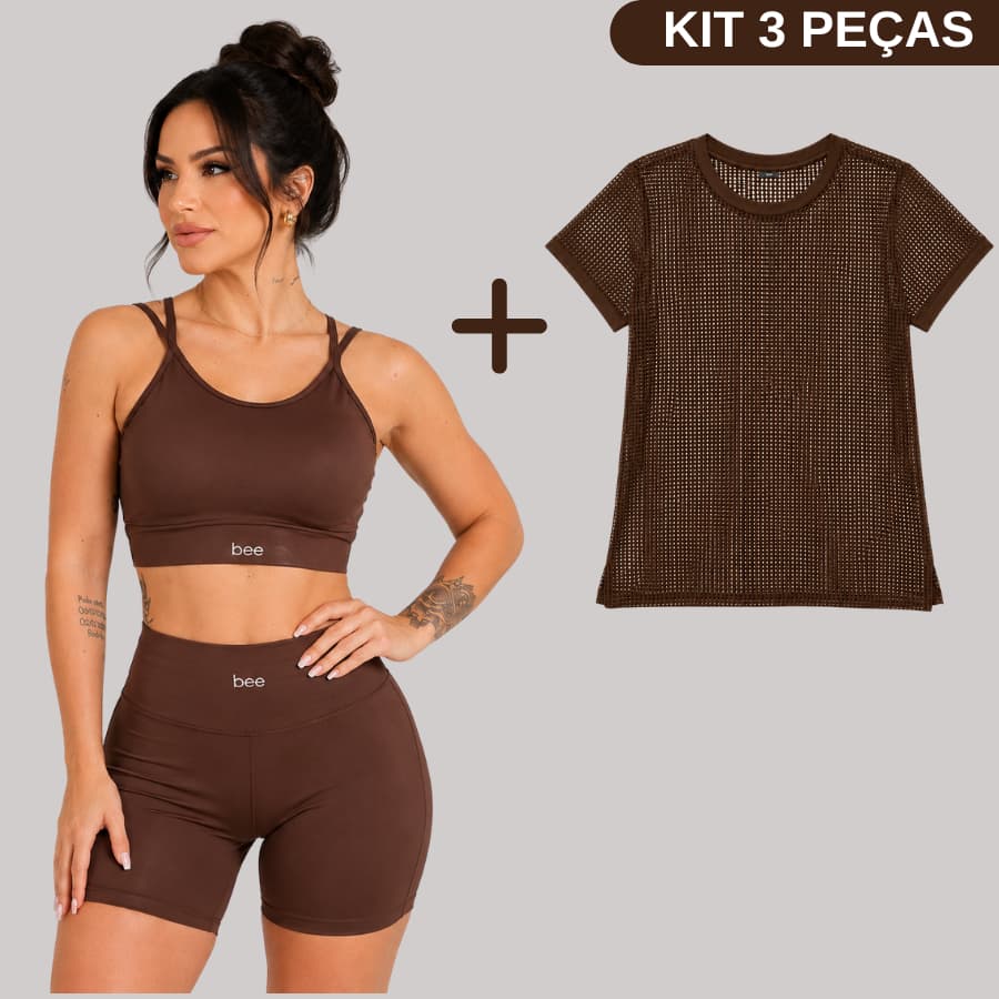 Kit 3 Peças Conjunto Fitness Feminino Modelador Camiseta Arrastão Top Academia Treino Zero Transparência